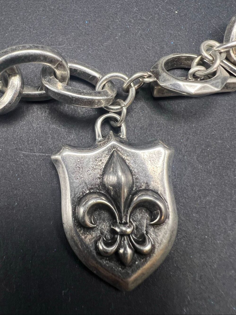 NWT Stigma Silver Tone Chunky Chain Necklace w Fleur De Lis Shield Pendant - Picture 8 of 9